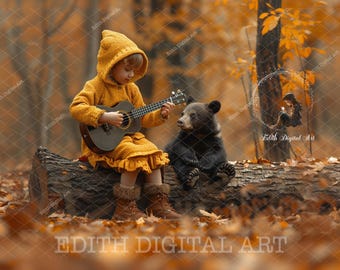 Fall Digital Backdrop Photography, Autumn Forest, Black Bear, Woodlands, Log Bench, Nature, Branches, Outdoors Children Portraits, Printable