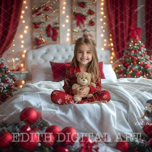 Christmas Digital Backdrop, Xmas Bed, Christmas Tree, Studio Photo Portraits, Holidays Photo Background Photography, Instant Download.
