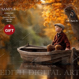 Fondo digital otoñal, composición de fondo de barco en un lago forestal otoñal, utilería digital para fotografía de bellas artes para maternidad, familia, niños y mascotas.
