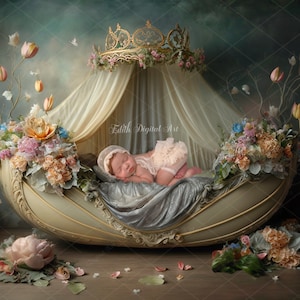 Newborn Digital Background, Princess Newborn Digital Bed, Floral Baby Crib, Newborn Composite Photography Studio, Spring  Digital Photo