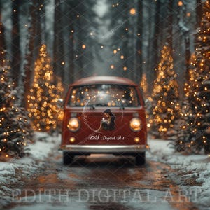 Christmas Red Truck Digital Background Photography, Snow Winter Road, Red Barn Composite, Outdoor Portrait, Vintage Truck, Old Truck Digital