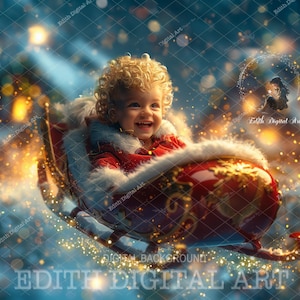 Flying Sleigh Digital Backdrop, Fantasy Christmas Photo Composite For Kids and Pets, Christmas Digital Background Photography + Snow Overlay