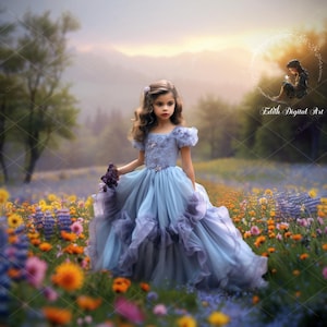 May include: A young girl in a light blue dress stands in a field of colorful wildflowers. The girl is looking to the right of the frame and holding a bouquet of purple flowers. The background is a blurred image of a forest and mountains.