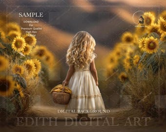 Sunflower Field Digital Backdrop Photography Composite, Children and Pets Fine Art Portrait, Outdoor Fall Wildflower Road Digital Background