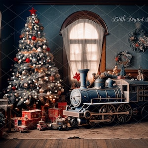 Tło fotografii cyfrowej na Boże Narodzenie, portret studyjny w salonie na Boże Narodzenie, cyfrowe tło w stylu vintage z choinką na sesję zdjęciową dla dzieci