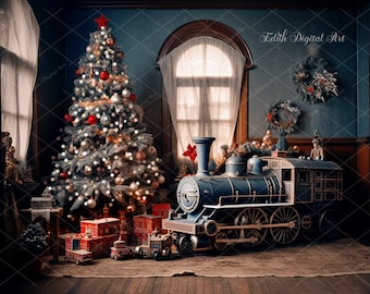 May include: A vintage-style toy train with a blue engine and red accents sits in front of a decorated Christmas tree. The train is on a brown rug in a room with a window and a blue wall. The text "Edith Digital Art" is visible in the upper right corner of the image.