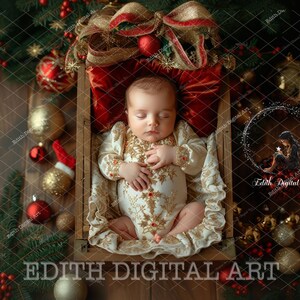 Fotografia de cenário digital de Natal, cama de recém-nascido, adereço digital, caixa de madeira, presente do Papai Noel, foto de bebê, download de composições de fundo