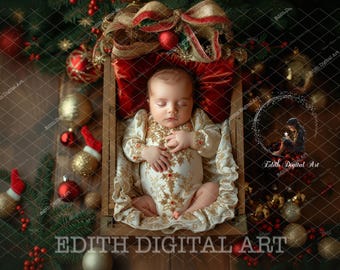 Christmas Digital Backdrop Photography, Newborn Bed, Digital Prop, Wooden Box, Gift From Santa, Baby Photo, Background Composites Download