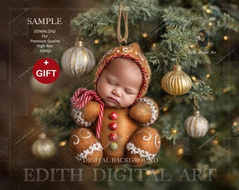 Newborn Face Insert, Christmas Tree Ornament Digital Backdrop, Faceless Gingerbread Cookie, First Christmas Photography, Baby Boy or Girl.