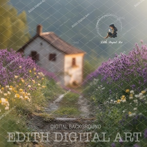 Pode incluir: Uma imagem de fundo digital que apresenta uma casa branca com um caminho que leva a ela, cercada por lavanda e flores silvestres. Uma menina está sentada em um círculo de luz sobre a casa.