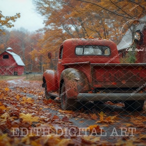 Camion rosso su Fall Farm Road, fotografia di sfondo digitale di un fienile rosso, sfondo composito, ranch, campagna, terreni agricoli, ritratto, stampabile.