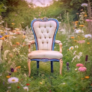 Spring Floral Field with Wild Flowers, Digital Backdrop Photography, Nature Background with Blue Chair for Portrait Photoshoot Overlay.