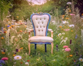 Champ floral printanier avec fleurs sauvages, photographie numérique de toile de fond, fond nature avec chaise bleue pour superposition de séance photo portrait.