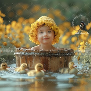May include: A baby wearing a yellow flower crown sits in a wooden tub surrounded by yellow flowers. Four yellow ducklings swim in the water.