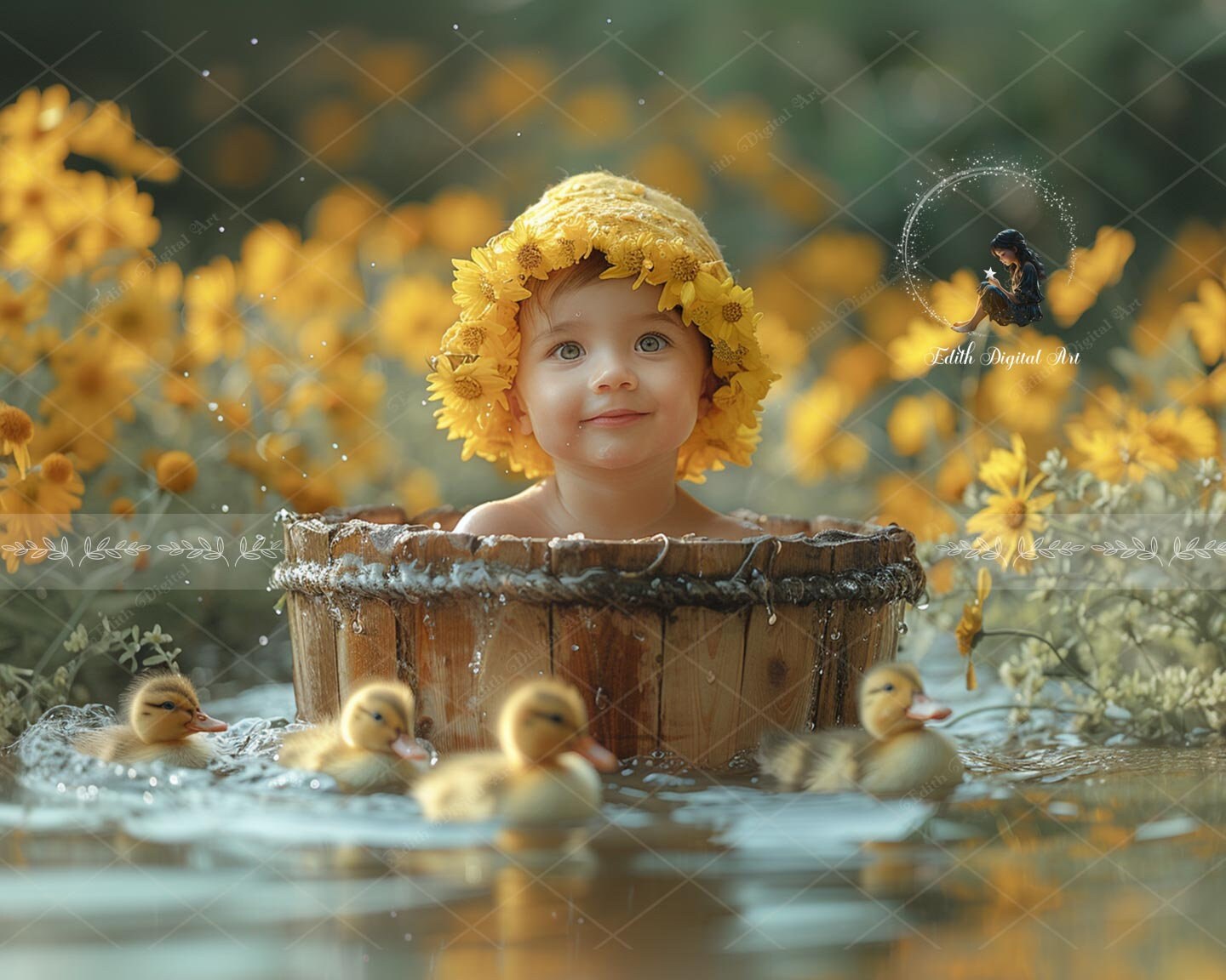 Spring Digital Backdrop Photography Composite, Ducklings Background, Toddler Photo Portrait, Garden, Summer, River Wildflower Field Download