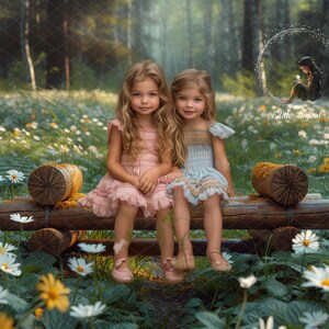 May include: Two young girls wearing pink and blue dresses sit on a wooden bench in a field of white flowers. The girls are smiling and looking at the camera. The background is a blurred forest.