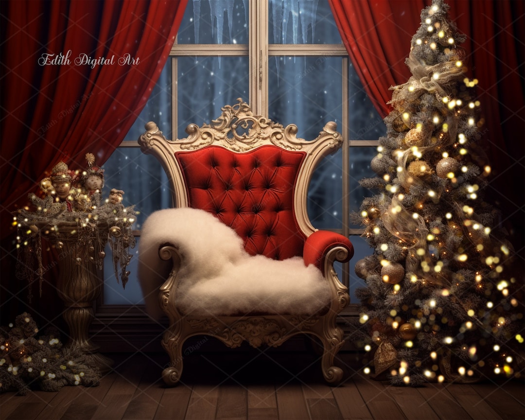 Christmas Backdrop Digital, Santa’s Chair Background, Holiday Scene