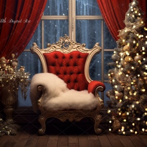 Pode incluir: Uma cadeira de trono de veludo vermelho com um cobertor de pele branca drapeado sobre o assento, colocada em frente a uma janela nevada com cortinas vermelhas. Uma árvore de Natal decorada com luzes brilhantes fica à direita da cadeira.
