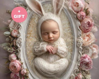 Spring Newborn Digital Backdrop, Vintage Pink Roses Frame Backdrop,  Easter Fine Art Baby Girl Photography Background. Digital Download