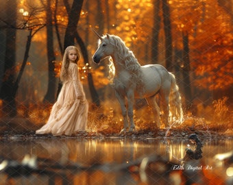 Unicorn Digital Background, Enchanted Autumn Forest Landscape, Fantasy Backdrop for Photography, Princes Backdrop  Photo Composite, Lake.
