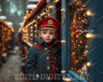 May include: A young person wearing a red hat and a dark blue coat with gold buttons. The coat has red accents on the collar and shoulders. The background features festive lights and a blue door.
