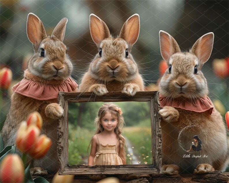 Bunny Digital Photo Frame, Spring Digital Backdrop Rabbits Holding A ...