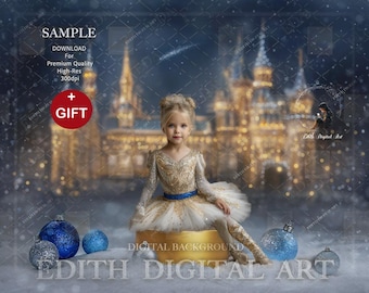 Christmas Digital Backdrop, Snow Gold Stand With Blur Fairytale Castle Background, Ideal For Nutcracke Boy, Princess Ballerina Girls or Pets