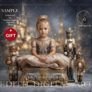 Puede incluir: Una niña con un vestido dorado y azul se sienta en un cofre decorativo, flanqueada por tres cascanueces. El fondo presenta un castillo borroso y nieve cayendo, con el texto "SAMPLE" y "GIFT".