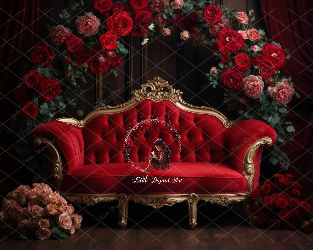 Red Couch With Red Roses for Maternity Backdrop, Women Portraits, Girls ...