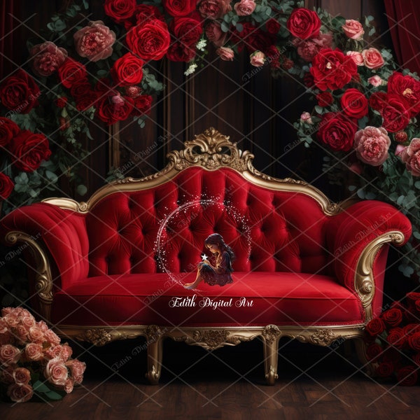 Red Couch With Red Roses For Maternity Backdrop, Women Portraits, Girls, Princes, Family Studio Photoshoot, Spring Floral Difital Backdrop.