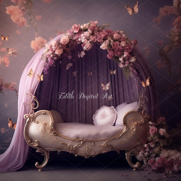 Princess Bed Backdrop Photography, Digital Backgrounds for Newborn Girl, Floral Bed for Toddler Girl,  Fairytale Backdrop Composite Overlays