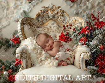 Fondo digital navideño para recién nacidos, fondo de estudio con silla navideña, composición navideña para recién nacidos, retrato de bebé, descarga de utilería digital