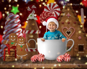 Christmas Digital Backdrop Background, Holiday Christmas Cup, Christmas Gingerbread Photography Photoshop Composite for kids, Toddler, Baby.