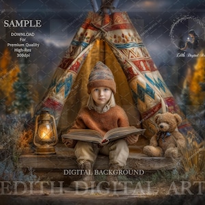 Fall Digital Backdrop Photography Prop, Teepee With Teddy Bear, Autumn Nature Outdoors For Childrens & Pets Photo Sessions, Instand Download