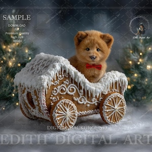 Cenário fotográfico digital de animais de estimação de Natal, carrinho de gengibre para cães e gatos, retratos divertidos de férias, cena mágica de inverno com neve, para download