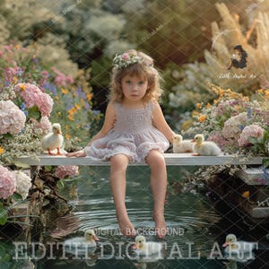Puede incluir: Una niña pequeña con un vestido blanco se sienta en un puente de madera rodeado de flores. Está rodeada de pequeños patitos amarillos. El puente está sobre un estanque con nenúfares.
