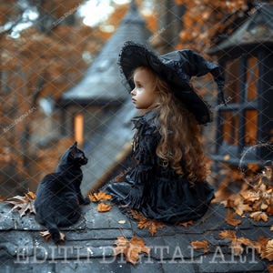 Halloween Rooftop Digital Background Photography, Black Cat Digital Backdrop For Children&#39;s Portrait, Halloween Composites, Witch Imagery