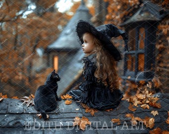 Halloween Rooftop Digital Background Photography, Black Cat Digital Backdrop For Children's Portrait, Halloween Composites, Witch Imagery