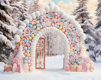 Arrière-plans numériques de Noël, porte de toile de fond numérique de Noël, arche de pain d'épice sur Candyland, forêt d'hiver de neige, photo de bonbons de Noël