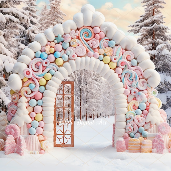 Christmas Digital Backgrounds, Christmas Digital Backdrop Gate, Gingerbread Arch on Candyland, Snow Winter Forest, Christmas Candy Photo