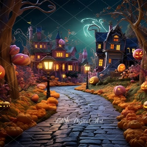 Halloween Digital Backdrop Composite, Pumpkin Pathway on Enchanted Spooky Streat, Fun Halloween Witch Village Photoshoot Instant Download