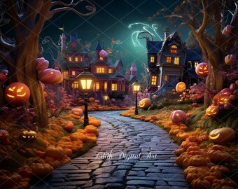 Halloween Digital Backdrop Composite, Pumpkin Pathway on Enchanted Spooky Streat, Fun Halloween Witch Village Photoshoot Instant Download