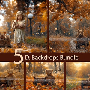 5 Teddy Bear Digital Backdrops Bundle, Fall Digital Background For Photography, Newborn, Toddler, Pets, Autumn Forest Road, Instant Download