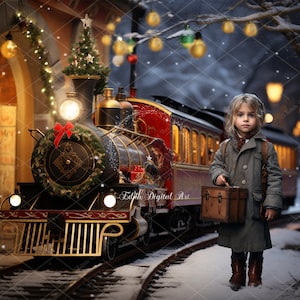 Polar Express Weihnachten Digitaler Hintergrund für Kinder, Weihnachten Zug Fotografie Verbundstoff, Schnee Winterdorf, Nordpol Zug Overlay 3