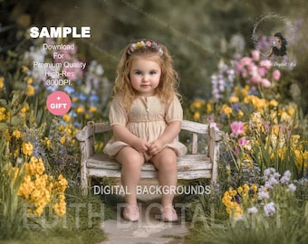 Spring Digital Backdrop, Floral Garden and Rustic  Wooden  White Chair, Fine Art Outdoor Photography Background Composite. Instant Download