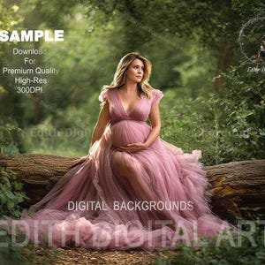 May include: A woman in a flowing, dusty rose maternity gown sits on a log in a lush forest setting. The image is a digital background, with text that reads "SAMPLE" and "DIGITAL BACKGROUNDS".