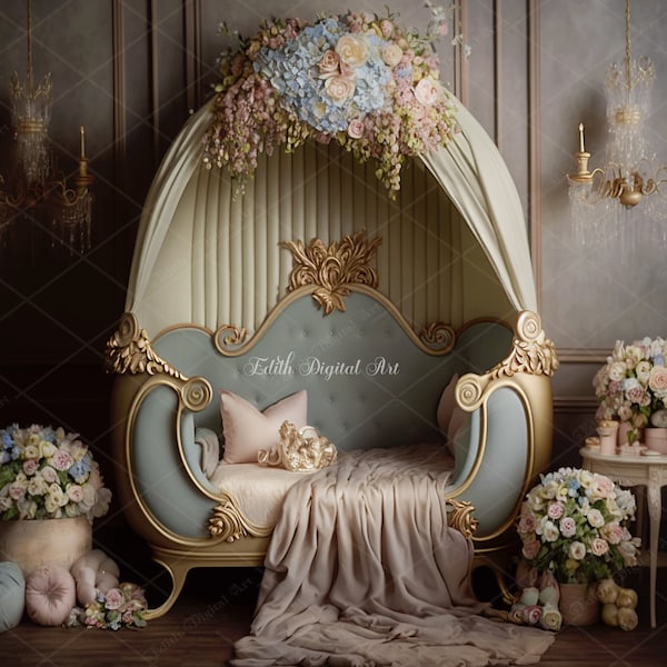 Floral Chair Digital Backdrop for Princess, Maternity, Girls, Wedding, Elegant Room Digital Backdrop Photography Composite for Portraits.