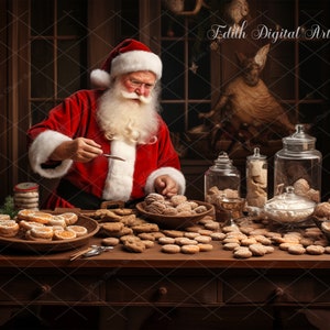 Santa Baking Christmas Cookies Digital Background, Christmas Digital