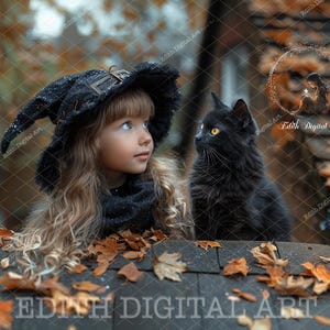 Halloween Digital Backdrop Photography, Witch Black Cat, Autumn Rooftop, Fall Leaves, Witch House, Fantasy Portrait, Creative Composites