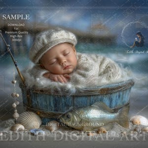 Newborn Digital Backdrop, Baby Fishing Bucket by Ocean, Coastal Beach Photography Prop Digital, Fine Art Photo Composite, Studio Background